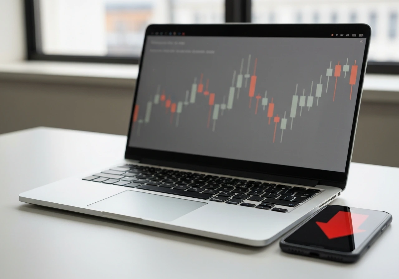 Laptop with blurred red downward candlestick-style finance display and a smartphone showing a generic dip