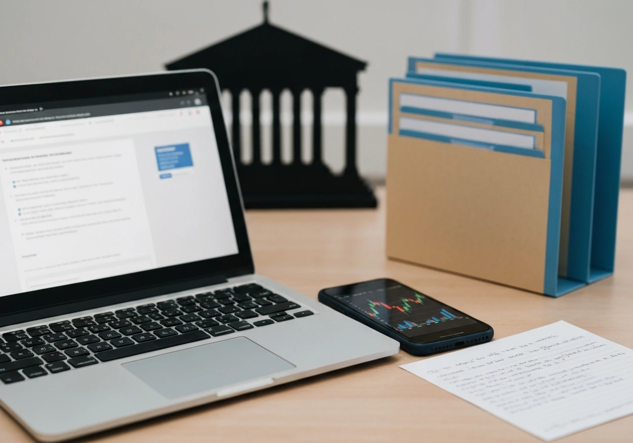 Minimal desk with laptop and phone showing blurred finance screens, suggesting DIY stock verification workflow.