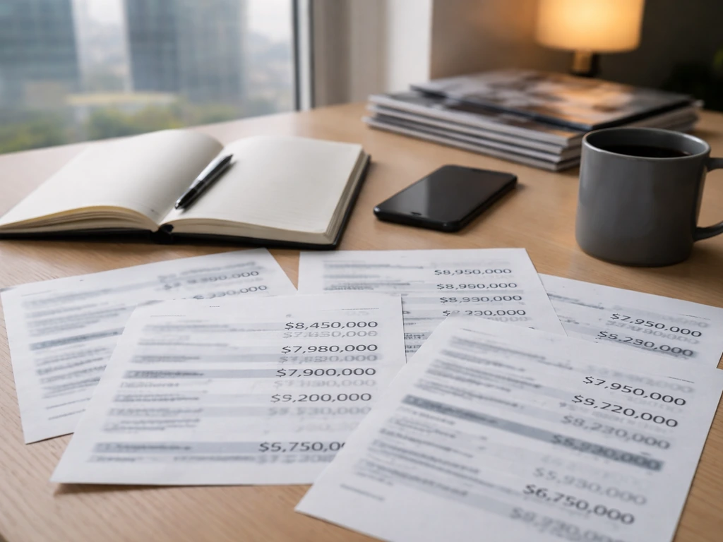 Minimal finance desk with overlapping printed pages showing abstract money figures, no readable text.