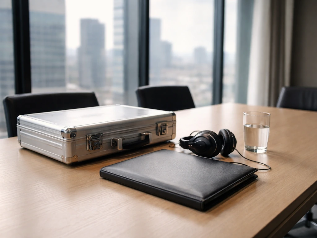 Minimal boardroom scene with a briefcase and portfolio, suggesting private equity and investment banking.
