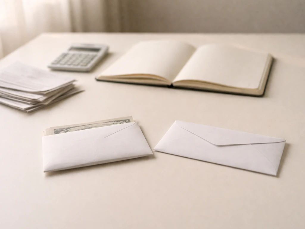 Open notebook beside a calculator with scattered receipts and a blank paper page symbolizing assets vs liabilities.