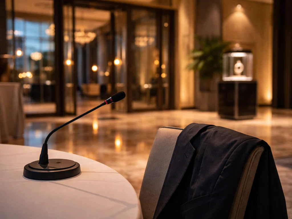 Luxurious business lobby at an evening event with TAG Heuer–style atmosphere and no identifiable person