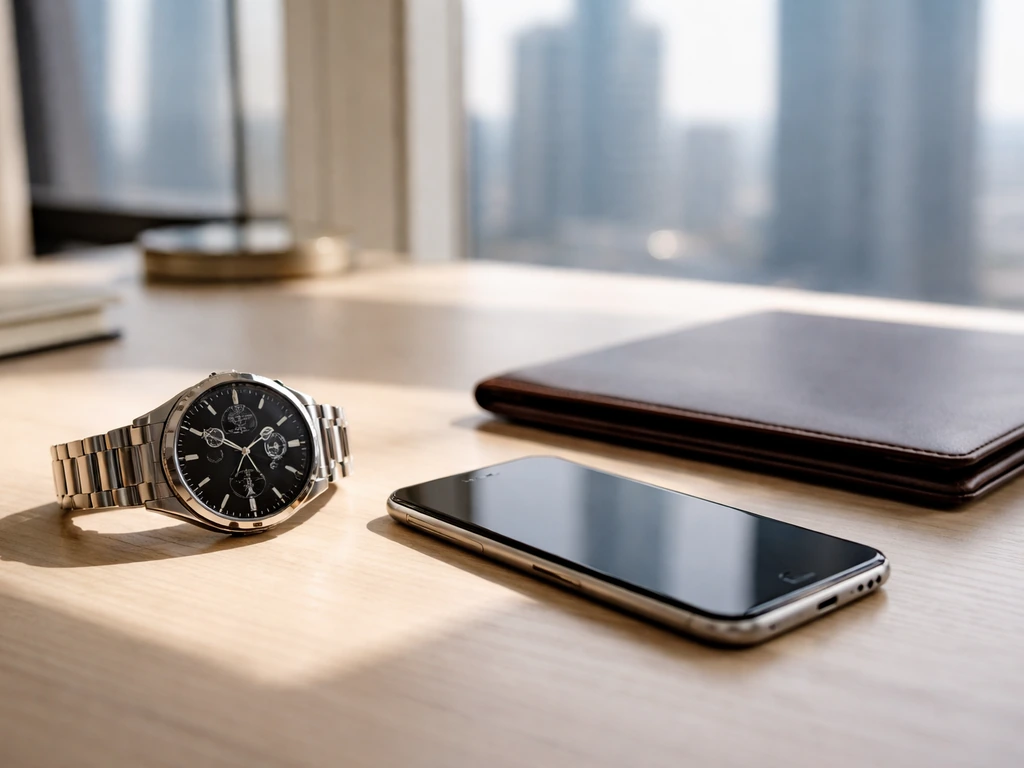 Luxury watch and finance-themed desk scene suggesting an executive net-worth context