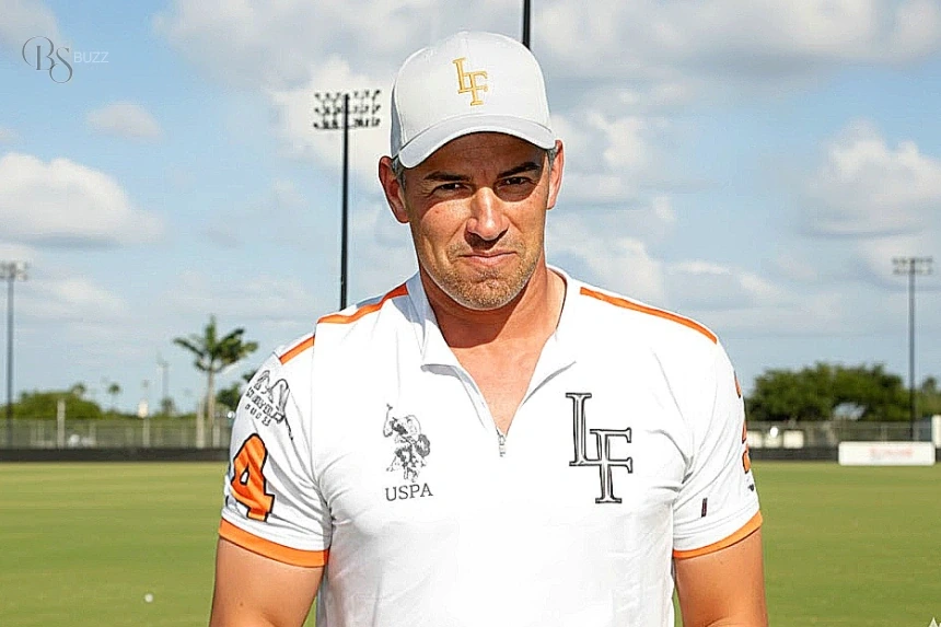 Louis Devaleix standing on a polo মাঠ wearing a white cap and white polo shirt with LF branding