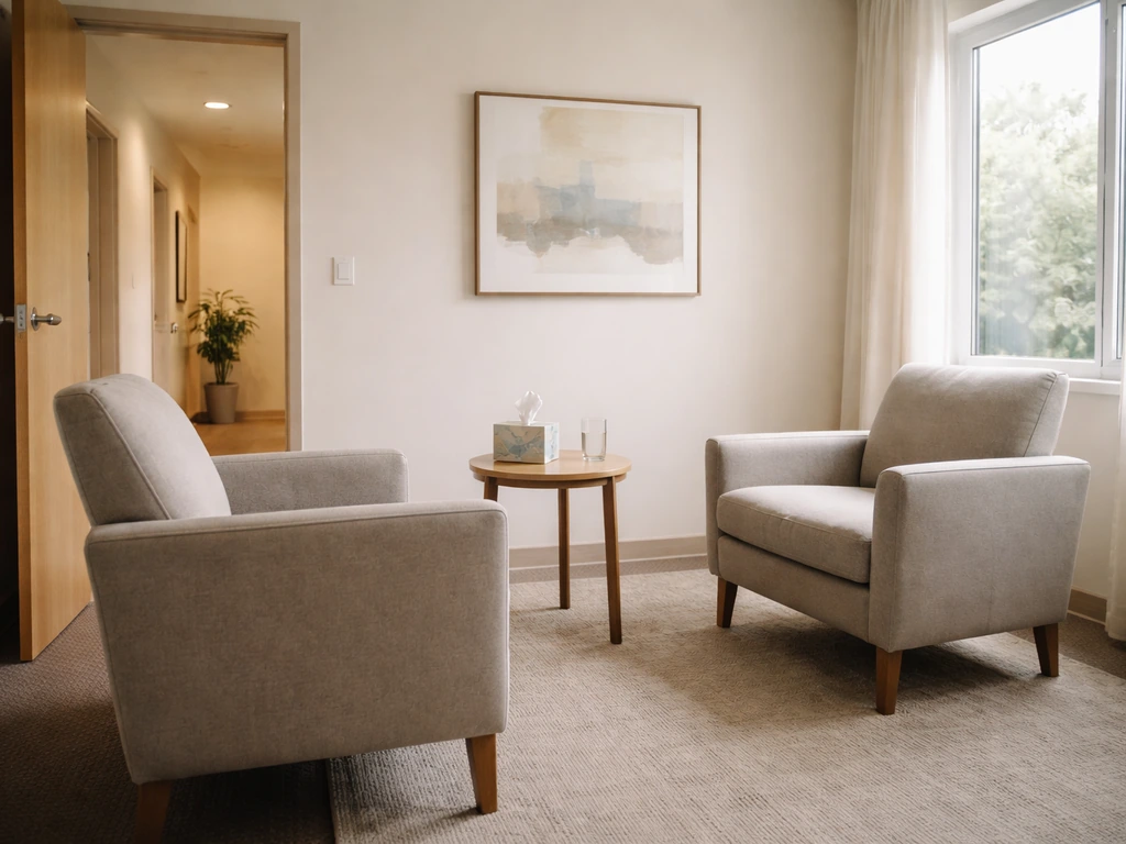 Empty modern therapy office with two chairs and soft daylight, suggesting a behavioral health organization.