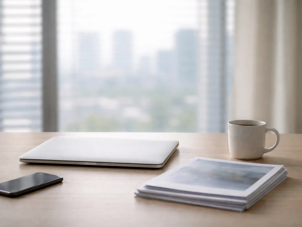 Anonymous desk with laptop and documents in a bright office, symbolizing evaluating net worth sources