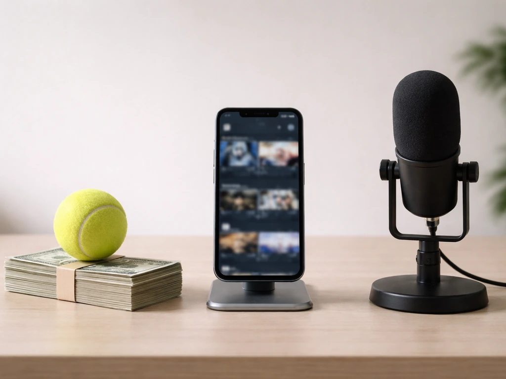 Minimal desk scene with tennis ball, cash, and phone/microphone symbolizing prize money, endorsements, and appearances.