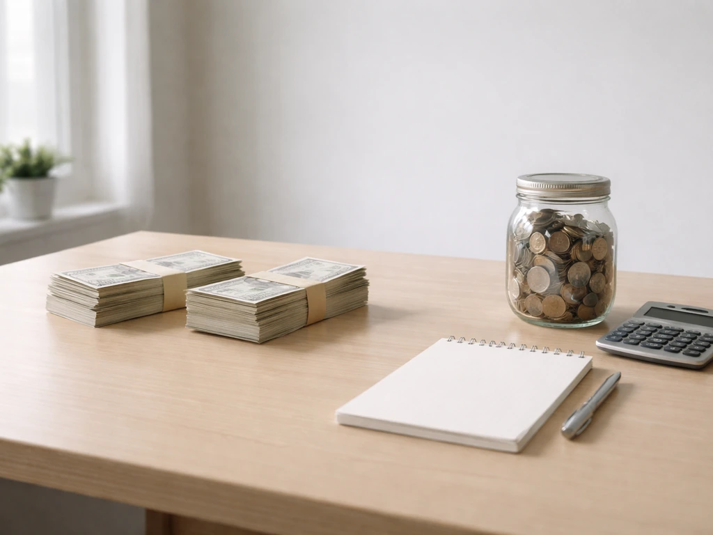 Minimal desk scene showing two stacks of cash-like bundles and a calculator with a neutral business background