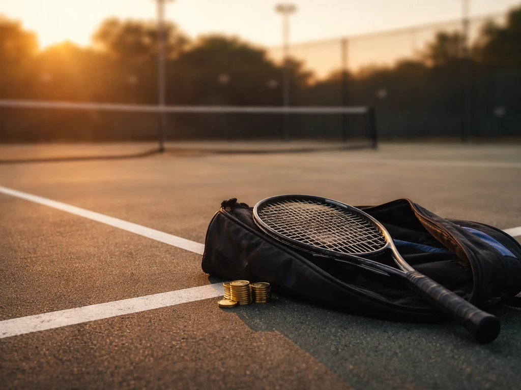 Tennis court at golden hour with a single racket and money-themed focus on a high-stakes career peak.