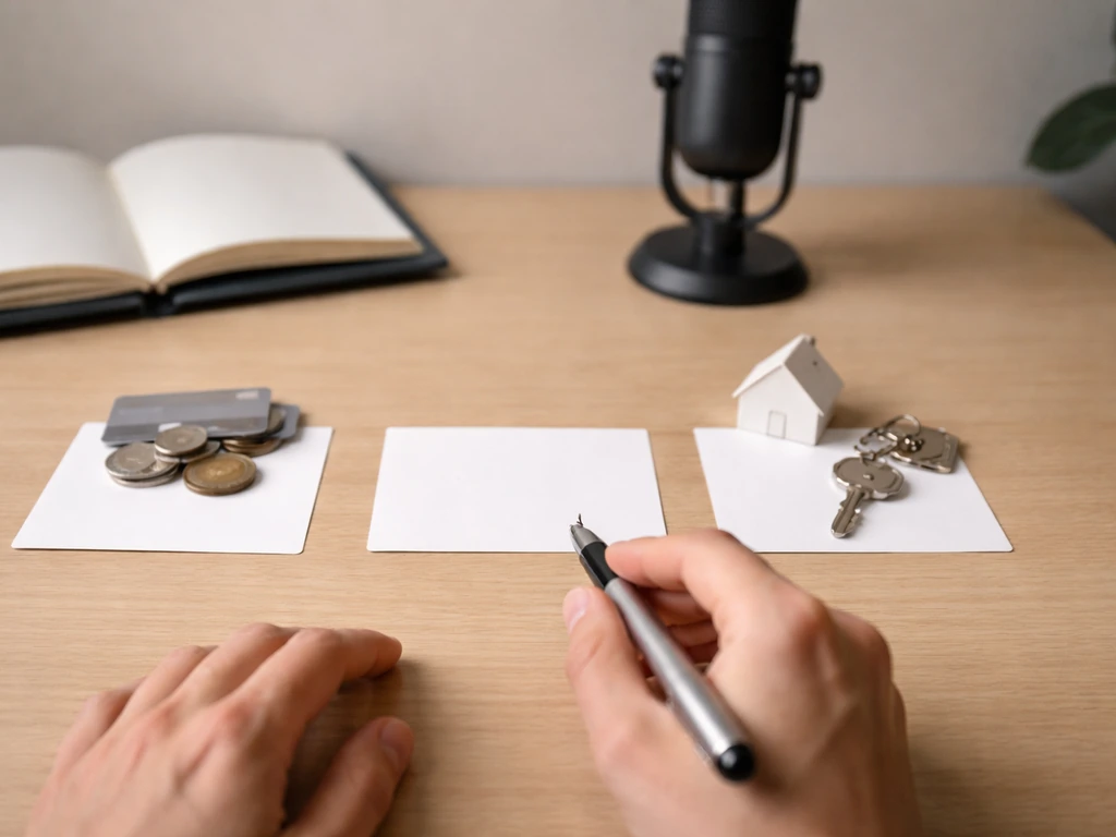 Minimal desk with blank cards and objects suggesting compensation, ownership, and assets for a net worth estimate.