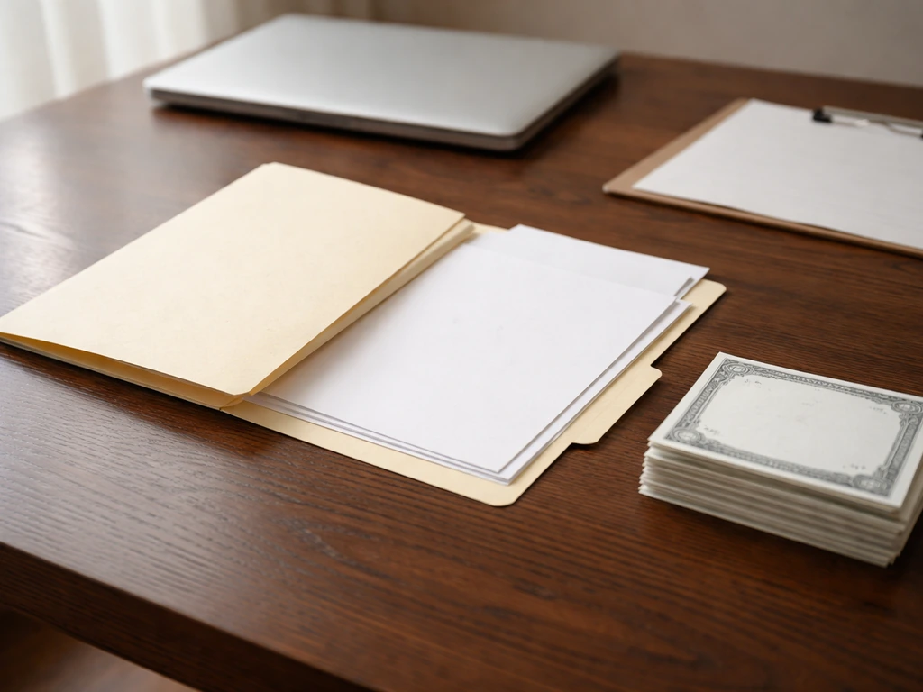 Close-up of a quiet broker-style desk with a single open filing folder and papers, no text visible
