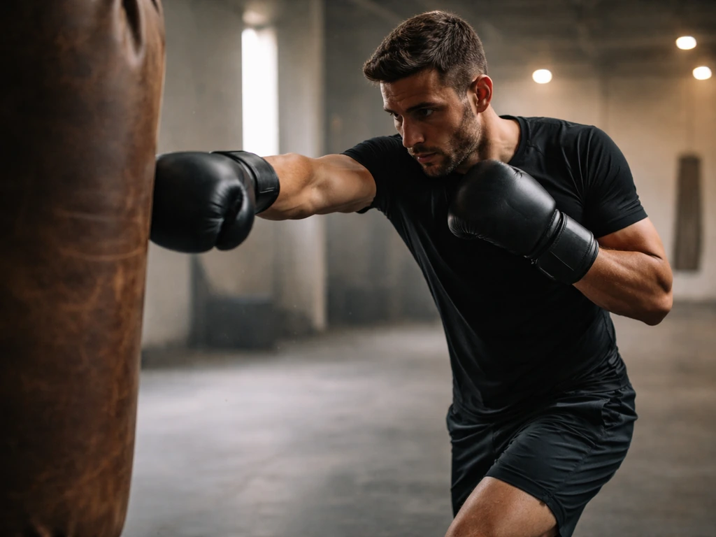 Anonymous kickboxer training in a Paris gym, punching a heavy bag with gloves.