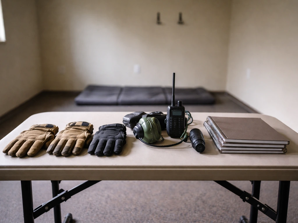 Tactical training class setup with gear laid out on a folding table, including training booklets and a headset