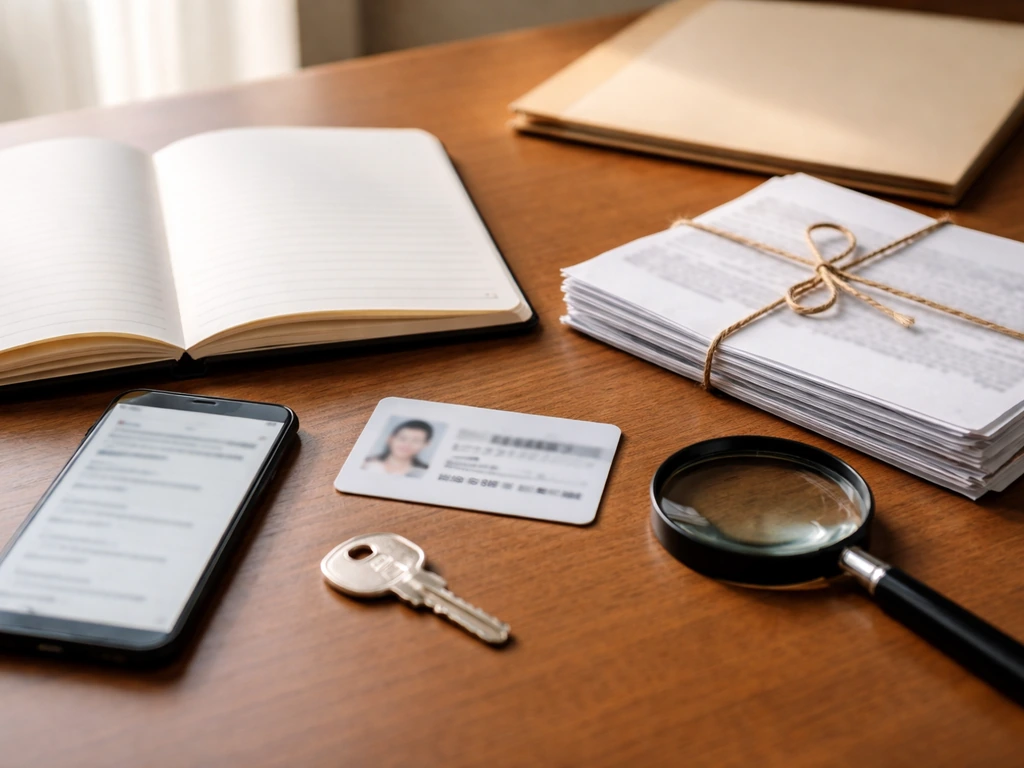 Desk with notebook, smartphone, documents, key, and magnifying glass symbolizing financial record checks