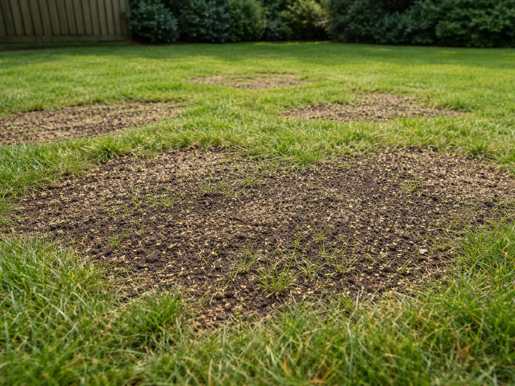 Nederlands gazon met kale plekken die net zijn doorgezaaid; verse grassprieten en gelijkmatig ingezaaide grond.