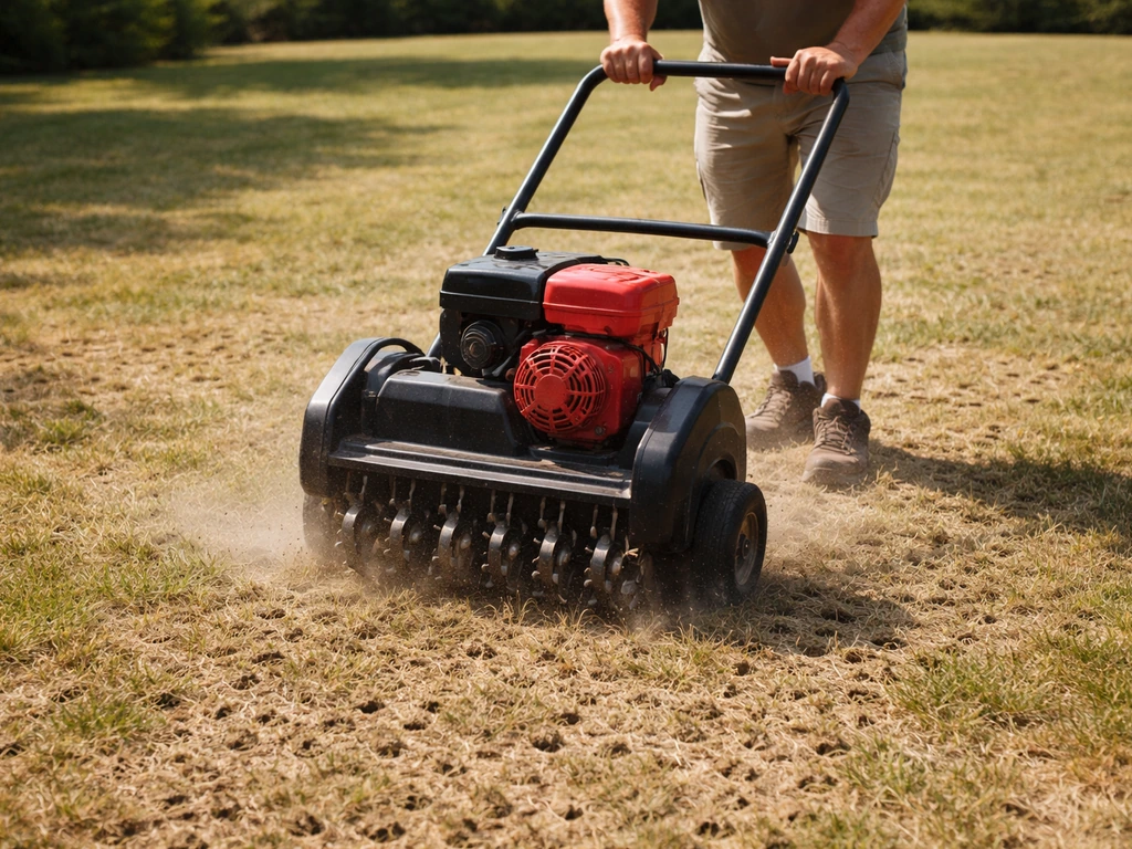Iemand belucht een dichtgelopen gazon met een holle-pennenmachine in droog, zonnig weer.