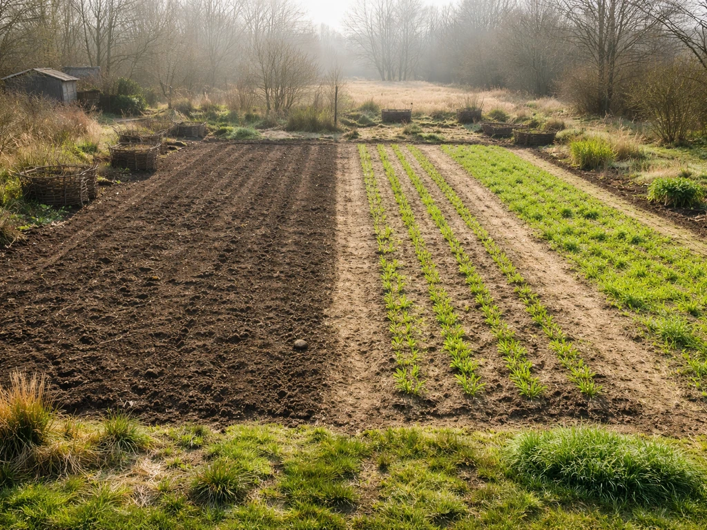 Luchtfoto van een Nederlandse tuin met zichtbaar verschil tussen begin- en eindmaart: schaduwrijke koude grond vs iets w