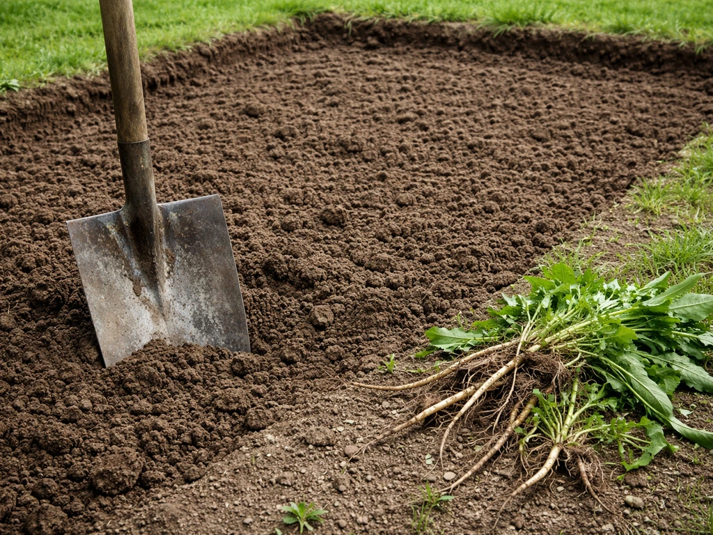 Omgespit zaaibed voor nieuw gazon: losse aarde (20–30 cm) met verwijderde onkruidwortels ernaast.