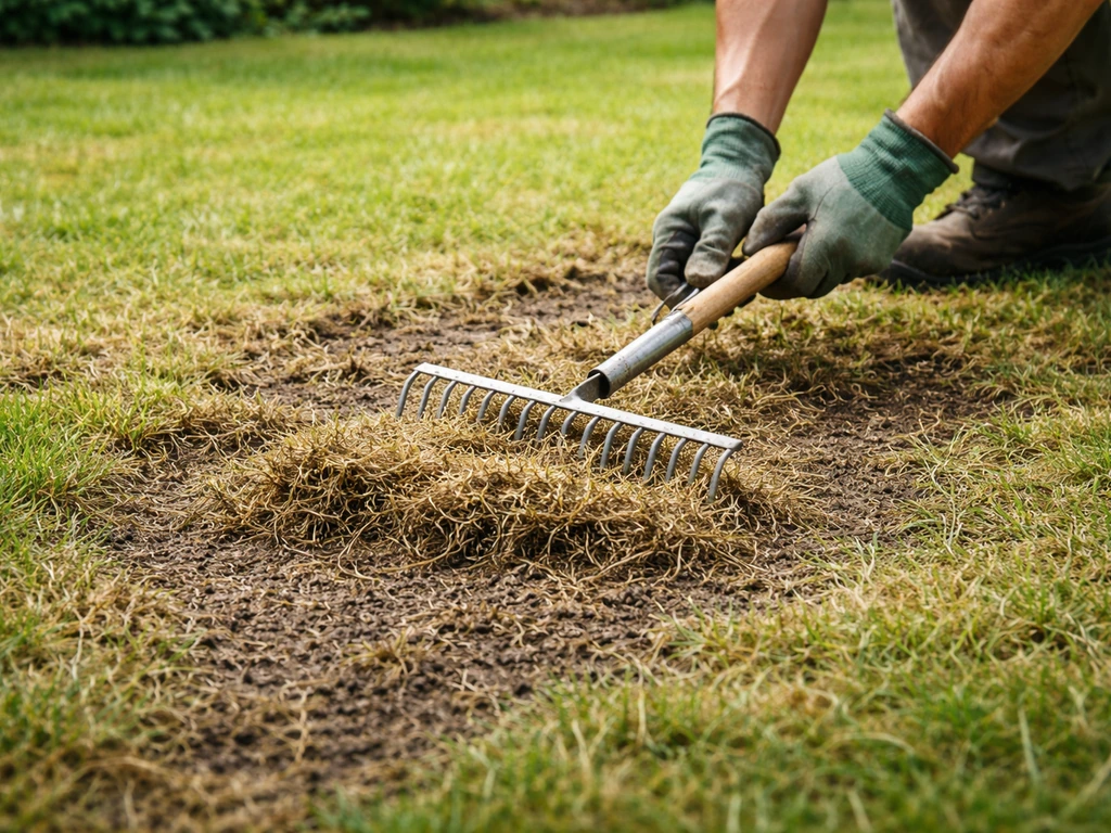 Verticuteurhark maakt vilt los op een bestaand gazon; kale plekken en zaaibed zijn zichtbaar.