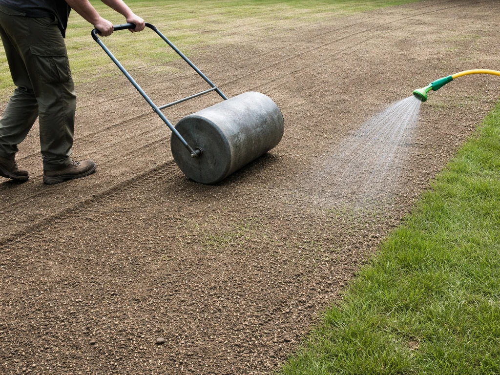 Anonieme tuinier rolt een ingezaaid grasveld aan en besproeit het zaaibed licht tijdens het kiemen.