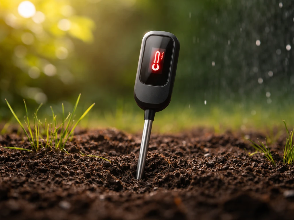 Close-up van tuingrond met een digitale bodemthermometer en een zonnige/regenachtige weersachtergrond.