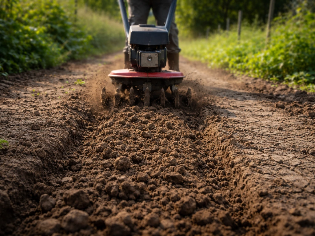 Bewerkte tuinrij met grondfrees: losgemaakte aarde en doorbroken korstvorming in de moestuin.