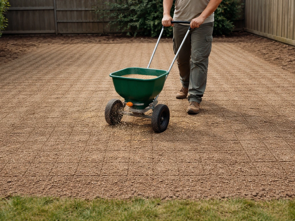 Een strooiwagen die zaad gelijkmatig over een bewerkt gazon/tuinoppervlak verdeelt.
