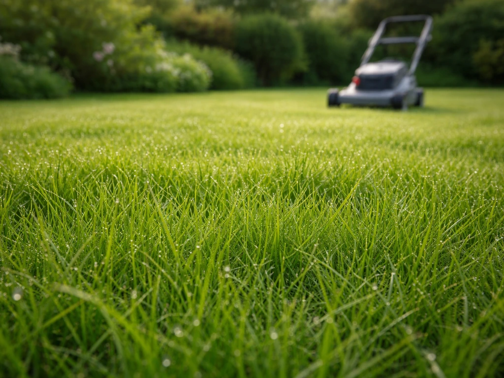 Jonge grasmat van 8–10 cm hoog met zichtbare groeisprieten en een grasmaaier onscherp op de achtergrond