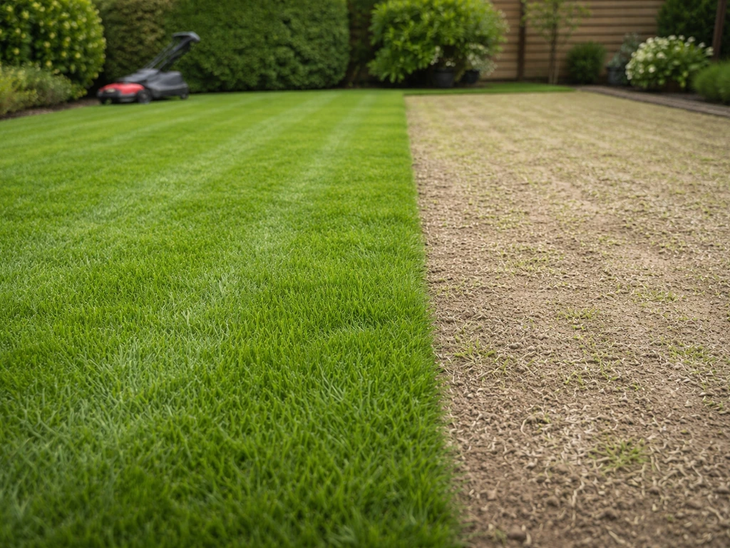 Net gemaaid groen gazon met een duidelijke, net doorgezaaide overgangszone in de tuin.