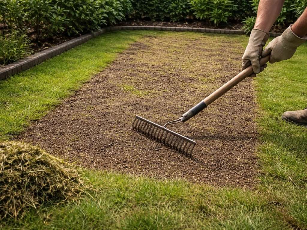Tuin met doorgezaaide plek, net weggeharkt maaisel en een klaar gebied om opnieuw in te zaaien