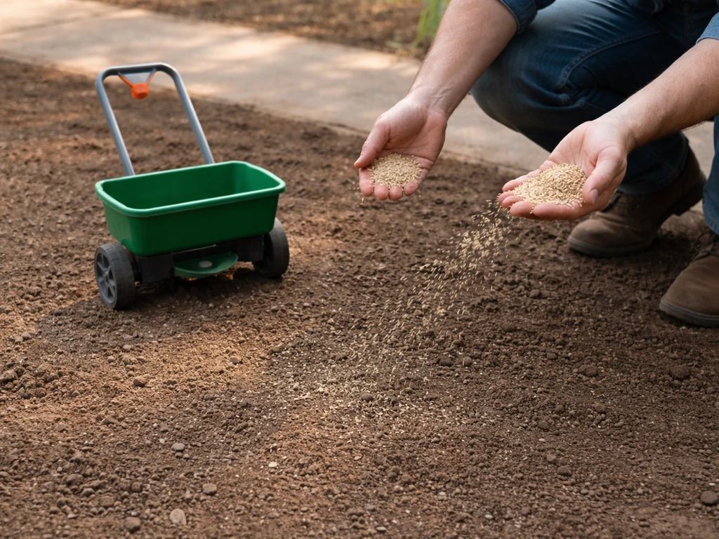 Hand die graszaad uitstrooit op aarde, met een strooiwagen naast een rustige tuin.