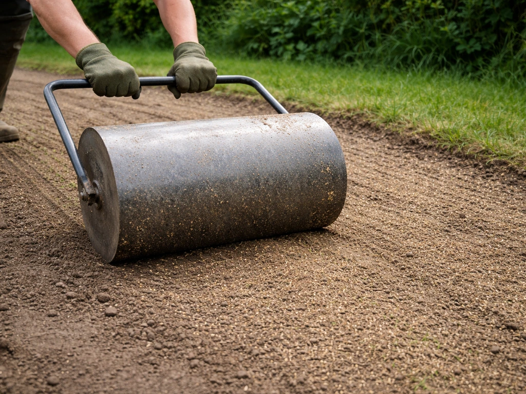 Handen duwen een tuinrol over net gezaaid gras voor goed contact tussen zaad en grond.