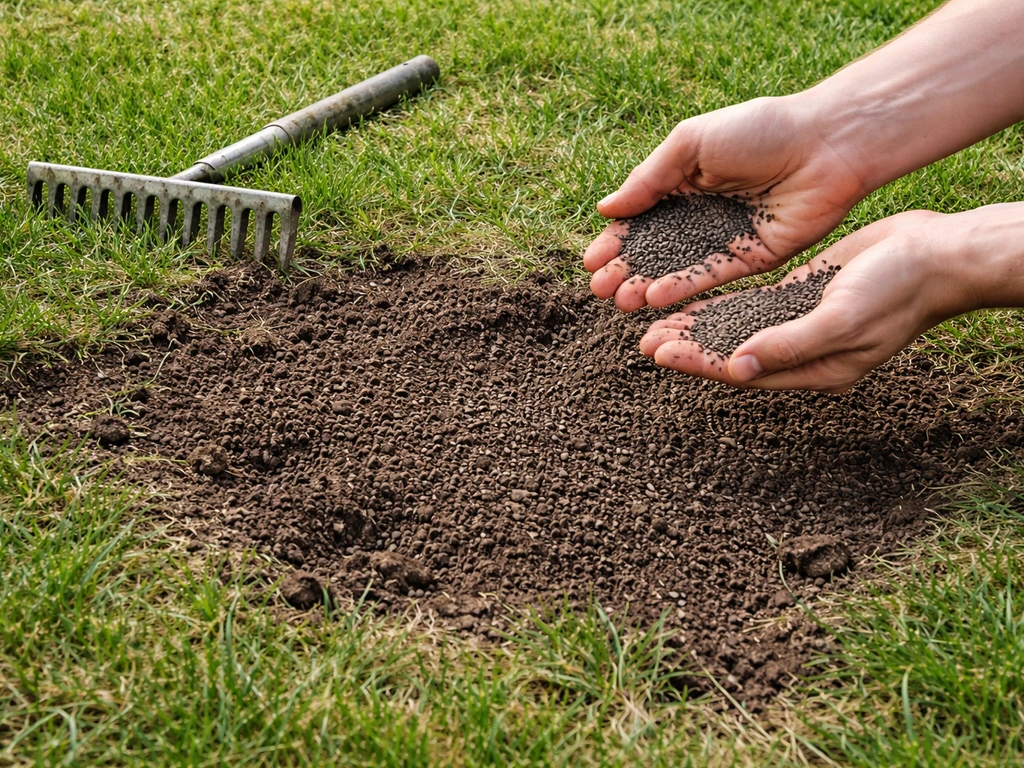 Hand met graszaad die in kale plekken van een bestaand gazon wordt gestrooid, met een hark in de buurt.