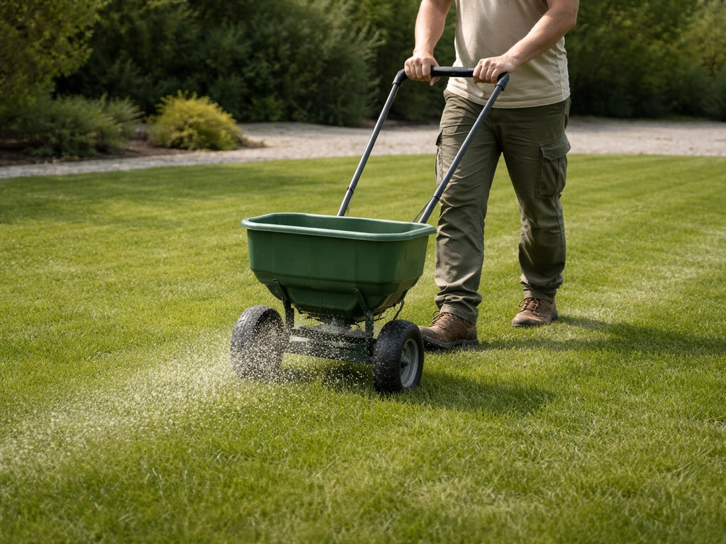 Tuinier die mest en graszaad tegelijk gelijkmatig over een gazon strooit met een strooiwagen