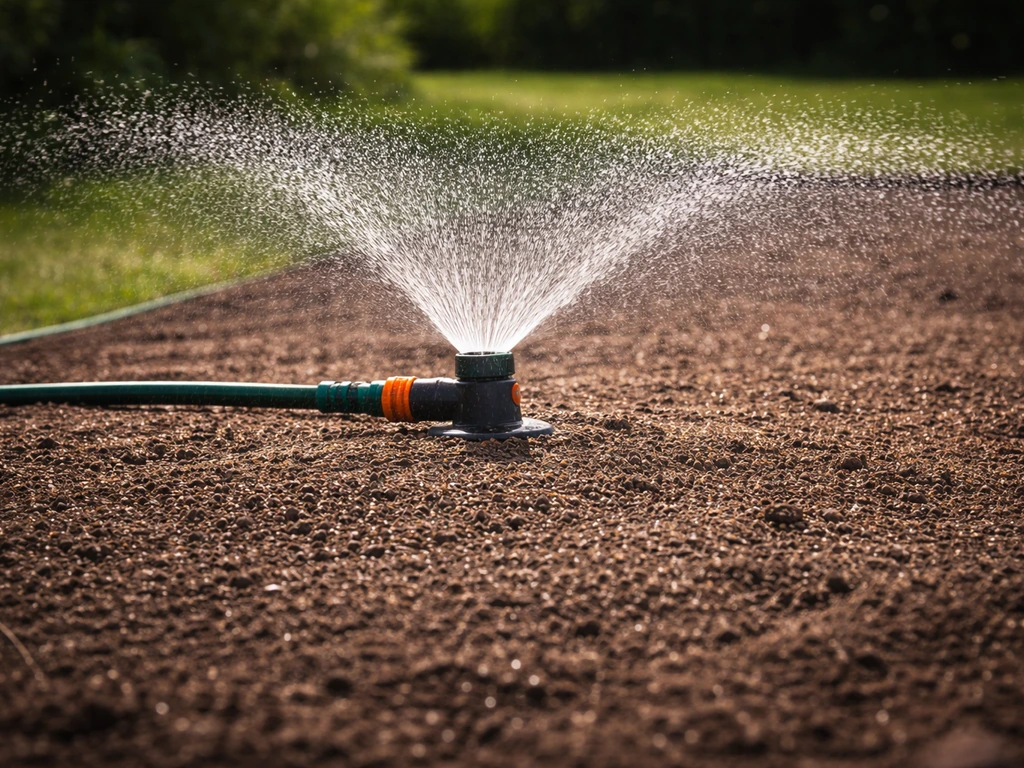 Fijne sproeier bevochtigt net ingezaaide grond met graszaad, dagelijks water geven in beeld