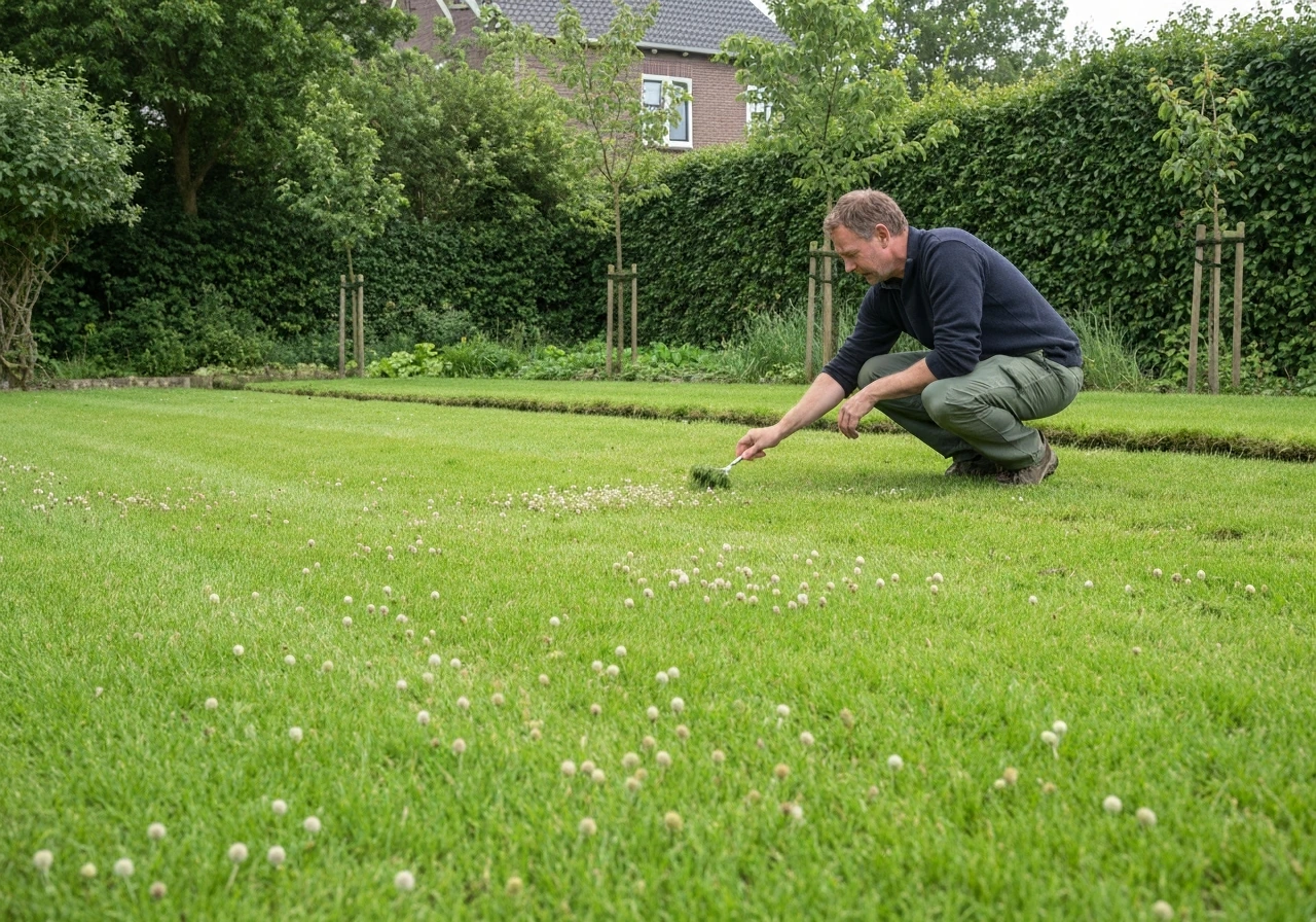 Jonge graszaailingen op een nieuw gazon, tuinier strooit mest na gras zaaien met aandacht voor nazorg