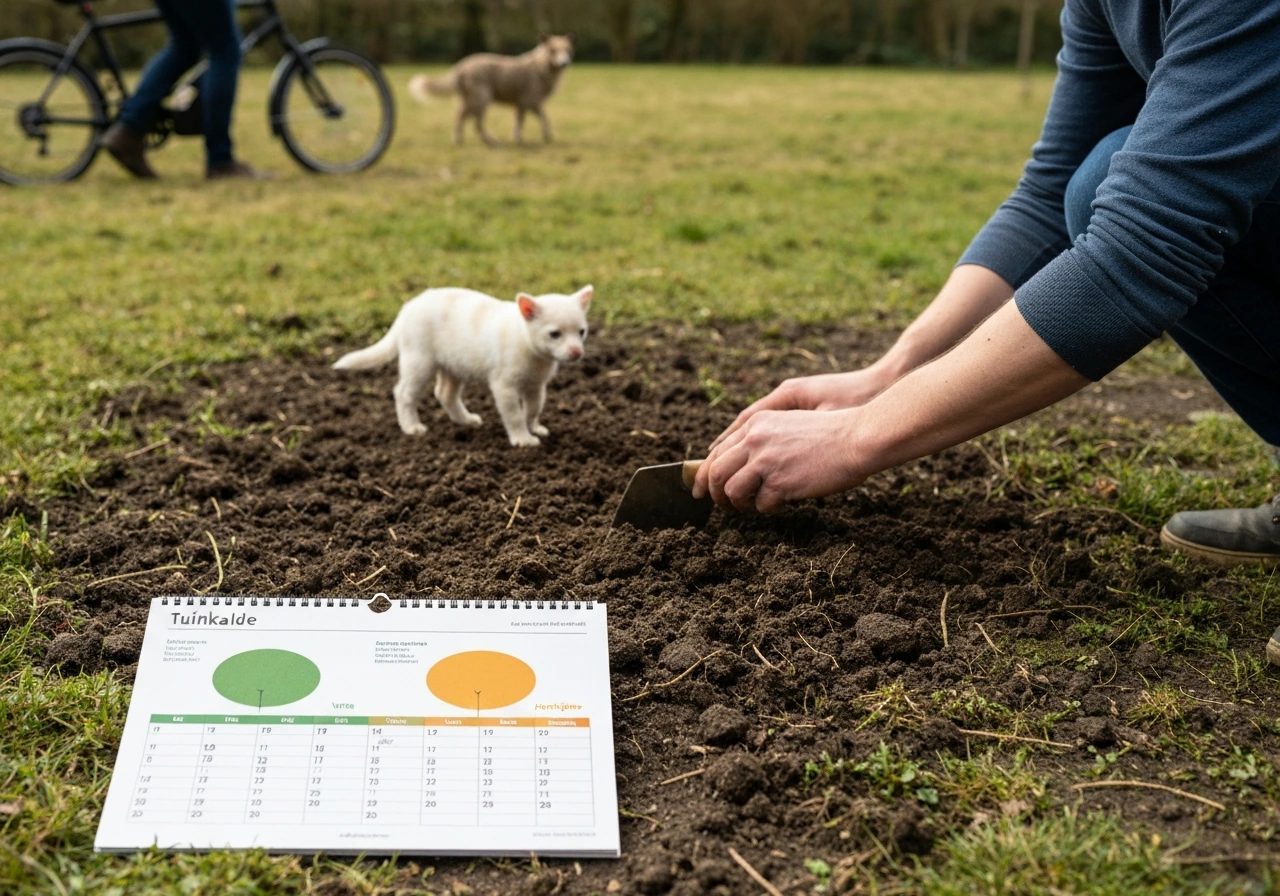 Anonieme handen die mest verwerken bij zaailingen, met een kalender als seizoenshint (lente en herfst).