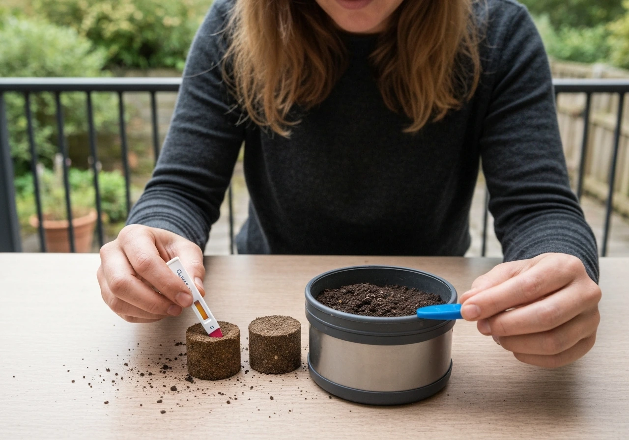 Hand met tuingereedschap die grond onderzoekt; kruimelige en compacte aarde naast elkaar op een tafel.