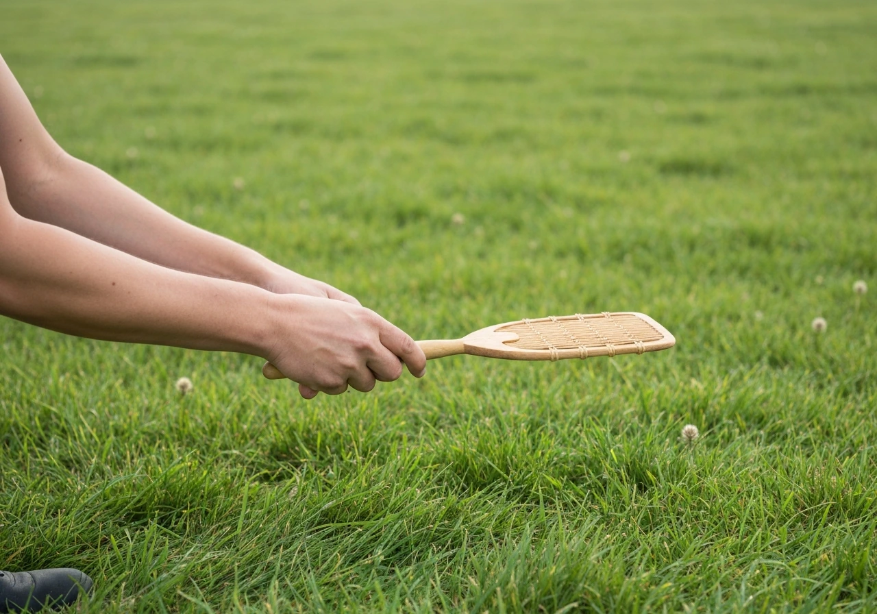 Handen met strooier die startmest uitstrooit op een grasveld, waarna het licht wordt ingewerkt in de bovenste grondlaag.