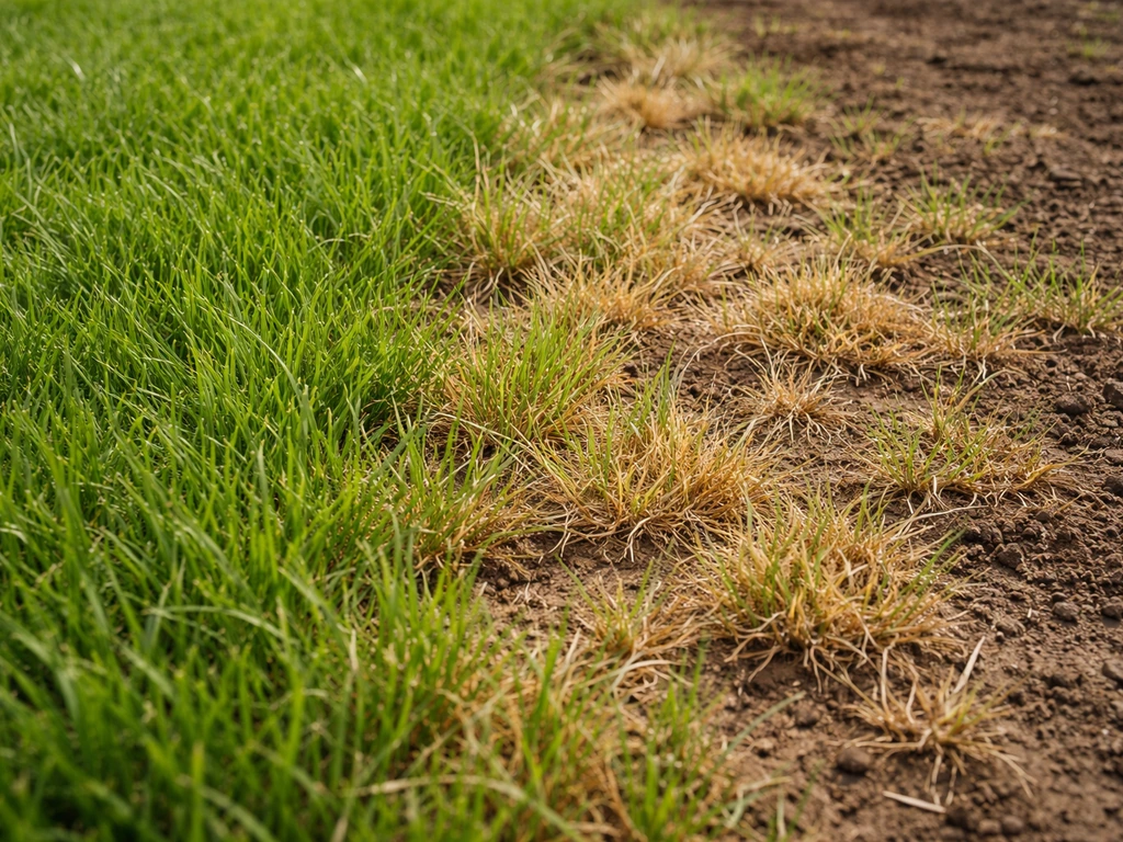 Vers gezaaid gras met zichtbare verkleuring en verbranding door te snelwerkende mest, tuin in natuurlijk daglicht.