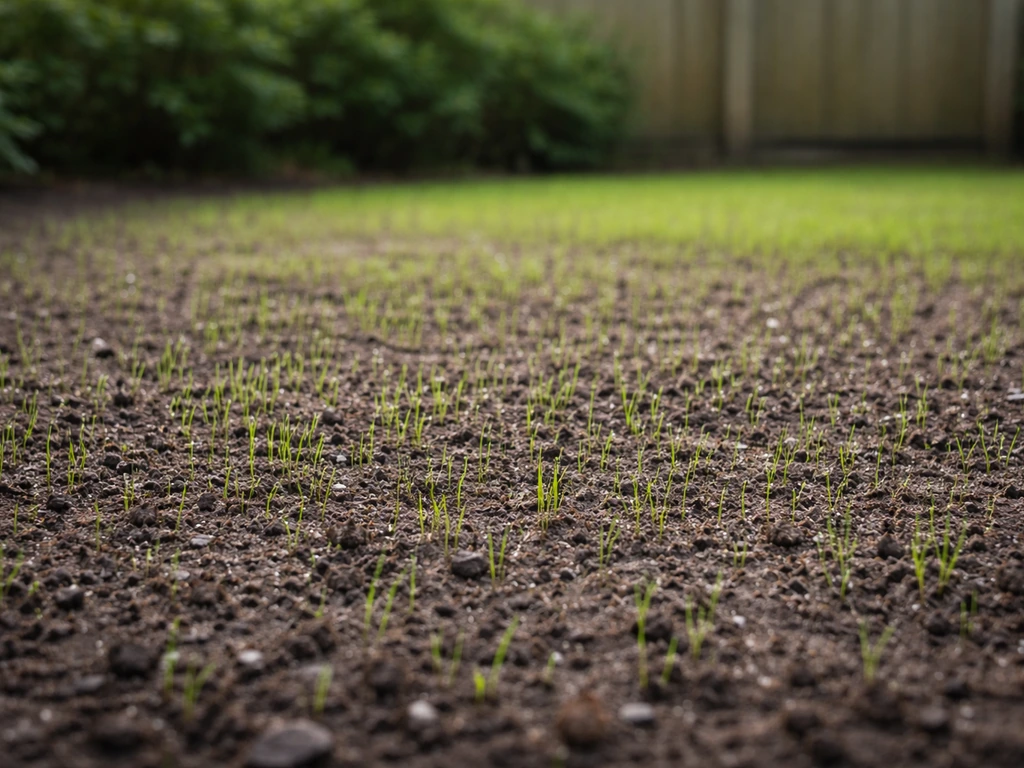 Tuin met net zichtbaar kiemend gras in een zaai- en bewaterd zaaibed, voorjaar of najaar sfeer