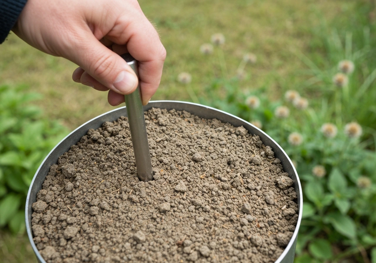 Close-up van een hand of tuinvork die aarde op 5–10 cm diepte controleert in een moestuin.