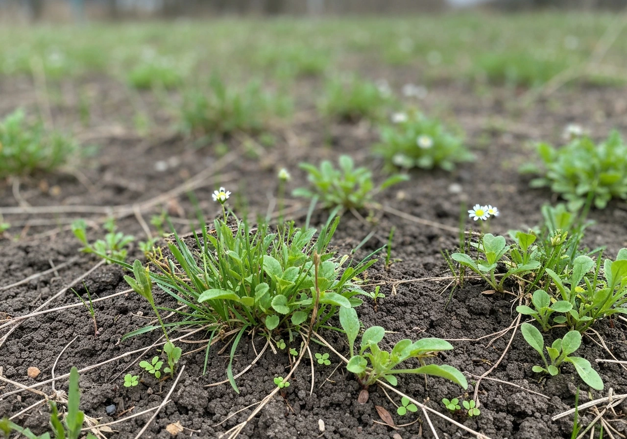 Close-up van zaaiveld met jonge zaailingen en zichtbaar groeiend onkruid in het vroege voorjaar.