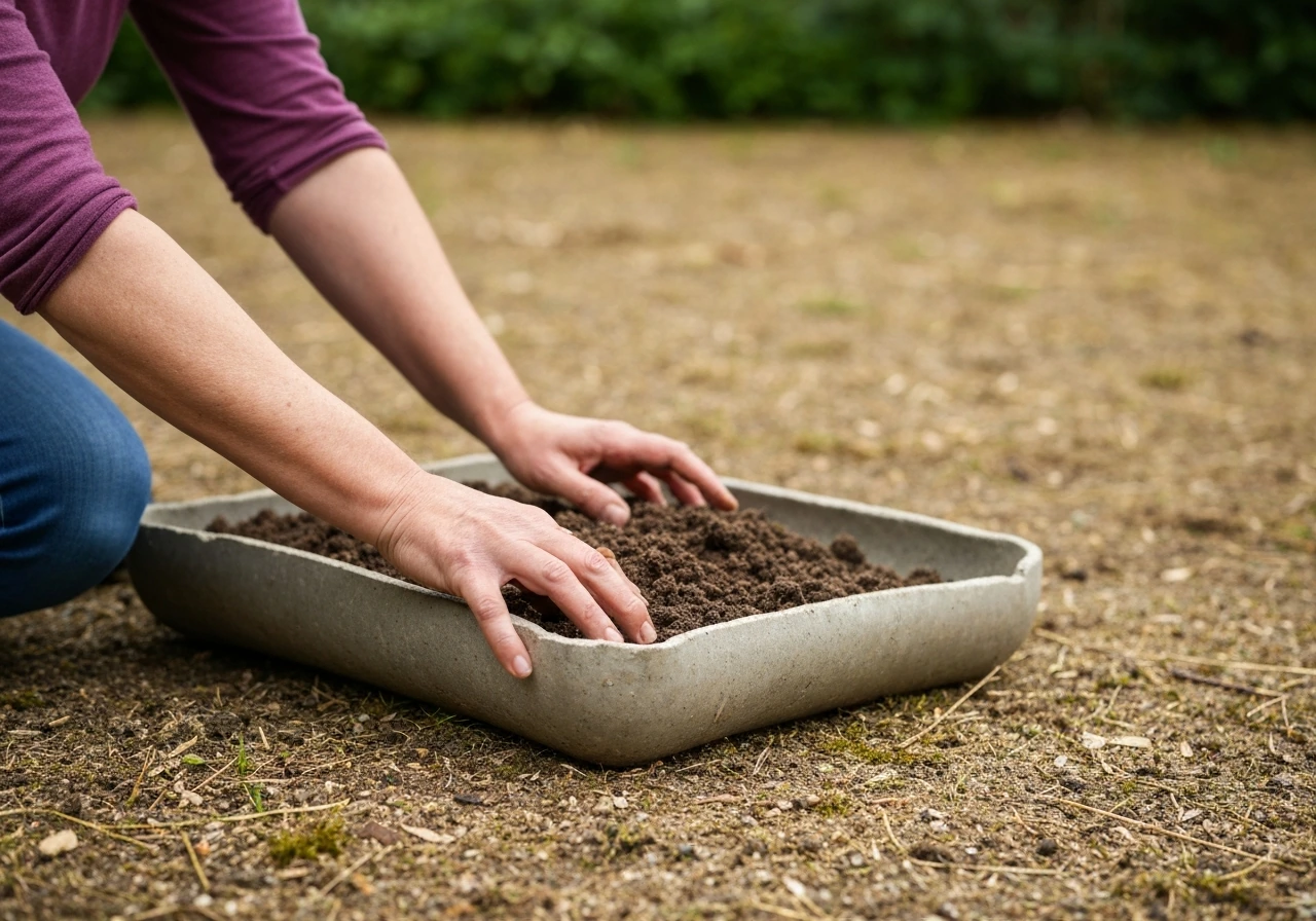 Tuinier maakt een zaaibed klaar: onkruid/graswortels verwijderen en grond egaliseren met hark.