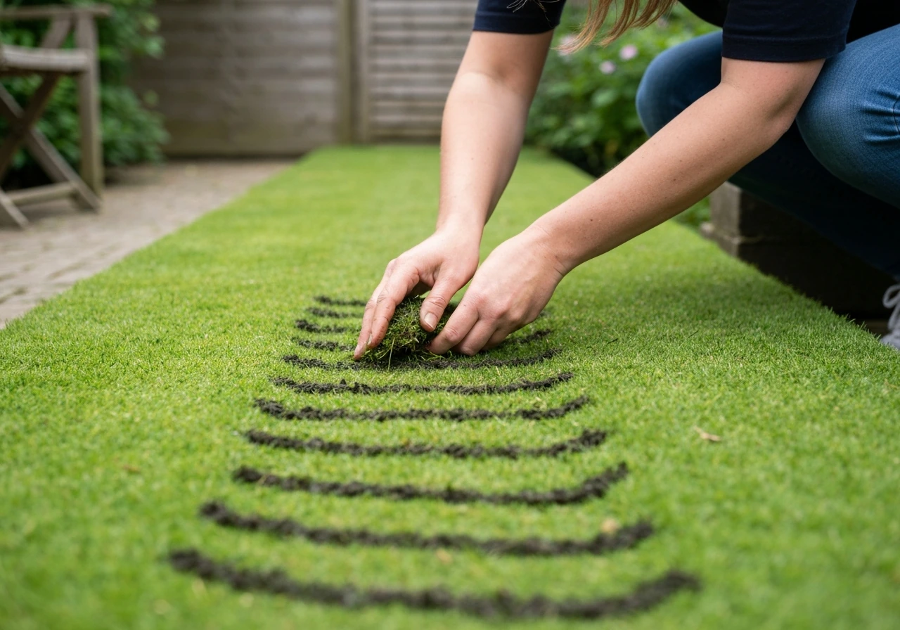 Iemand strooit met de hand graszaad gelijkmatig uit over een klein zaaibed in de tuin