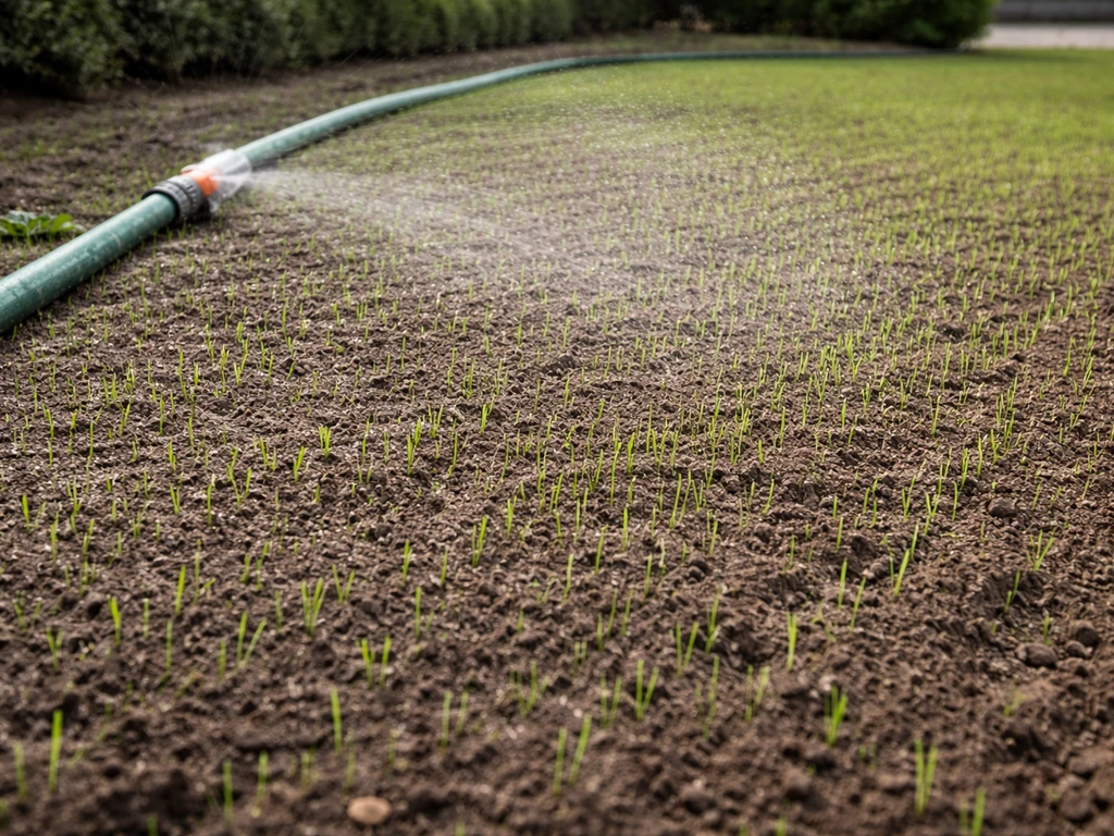 Vers ingezaaid gazon met jonge gras sprieten en een beregeningsslang die net water geeft, rustig en beloopbaar.