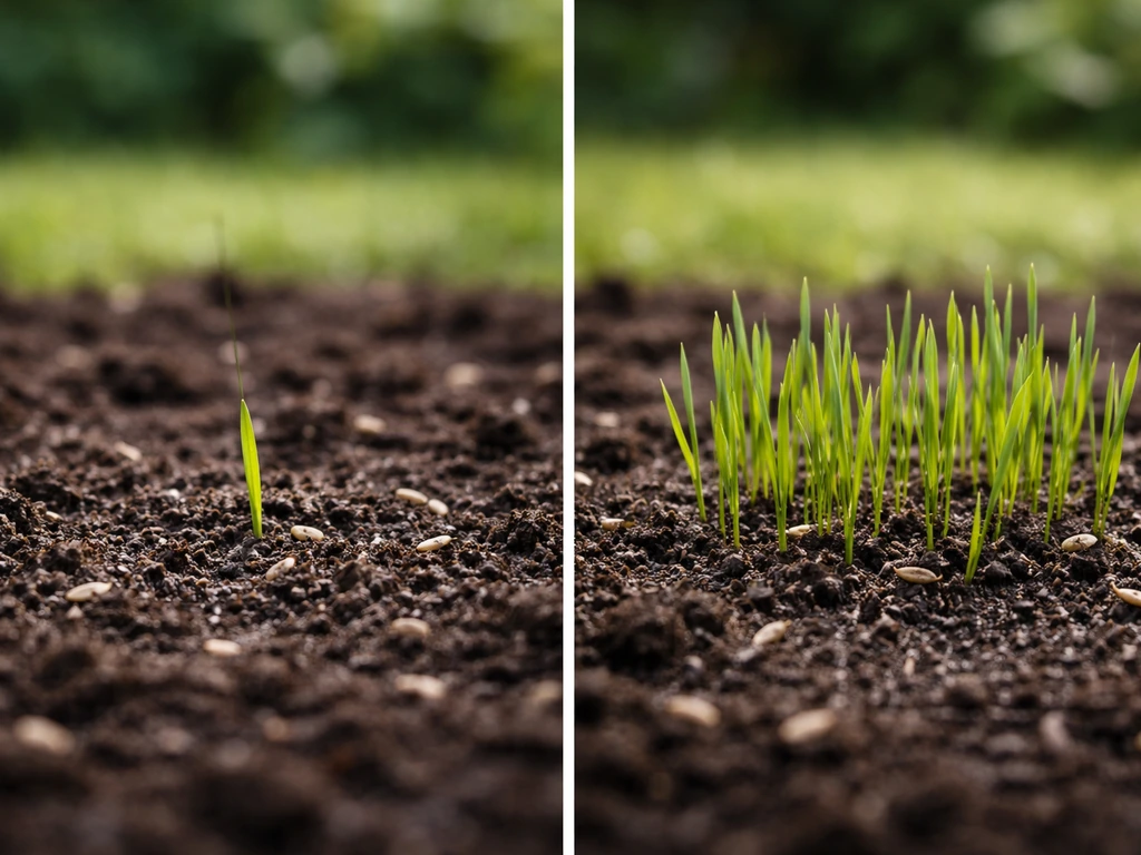 Jonge grassprieten in tuingrond, links kieming en rechts verder gevorderde opkomst bij bijgezaaid gras.