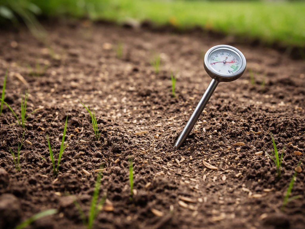 Bodemthermometer in tuinbodem bij ingezaaid graszaad, ongeveer 5 cm diepte, licht vochtige aarde.