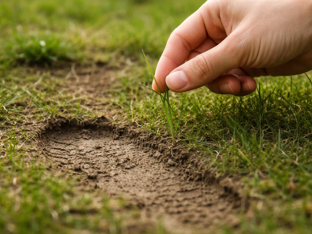 Close-up van een hand die een grasspriet heel licht test; verse voetafdruk in nog kale grasgrond