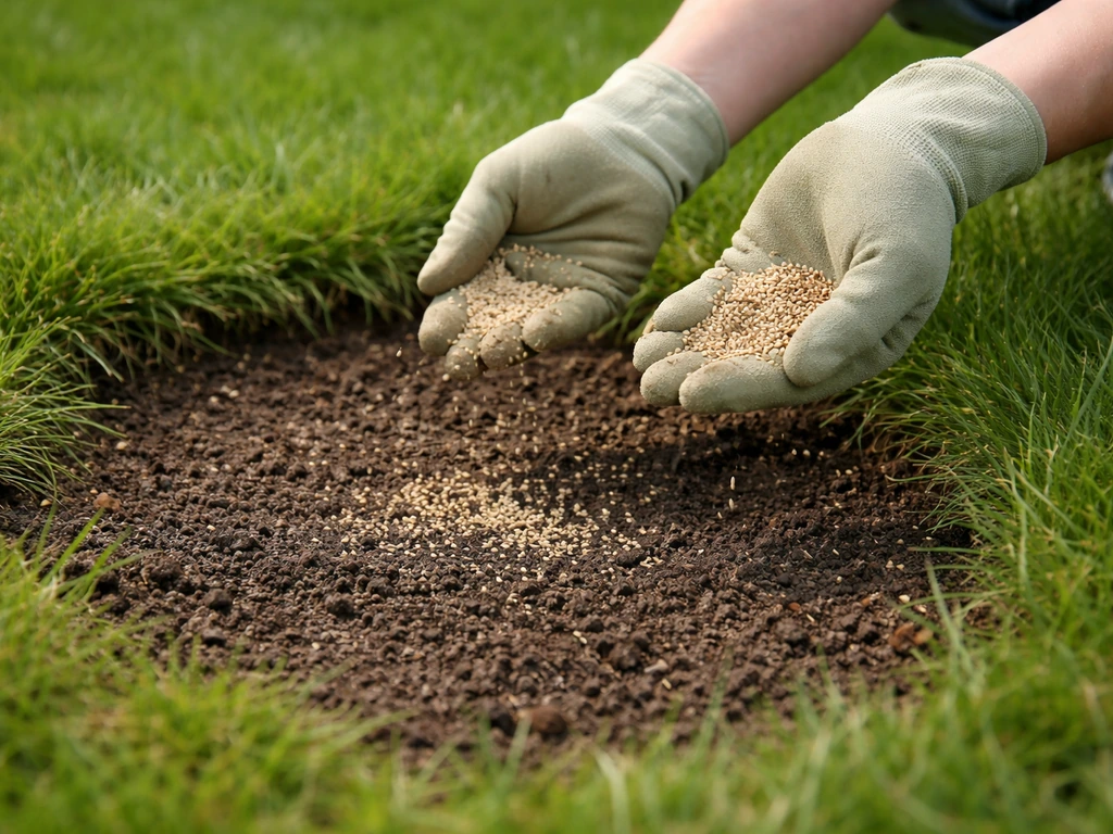 Iemand strooit handmatig graszaad over een kleine kale plek in een tuin, met zichtbare verdeling